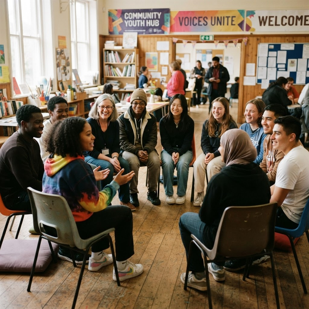 Young people and volunteers gathered together in a community hall